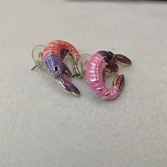 MJ Signed RARE VINTAGE Pink Shrimp Earrings Enamel Studs Purple EXCELLENT COND! - Picture 5 of 9